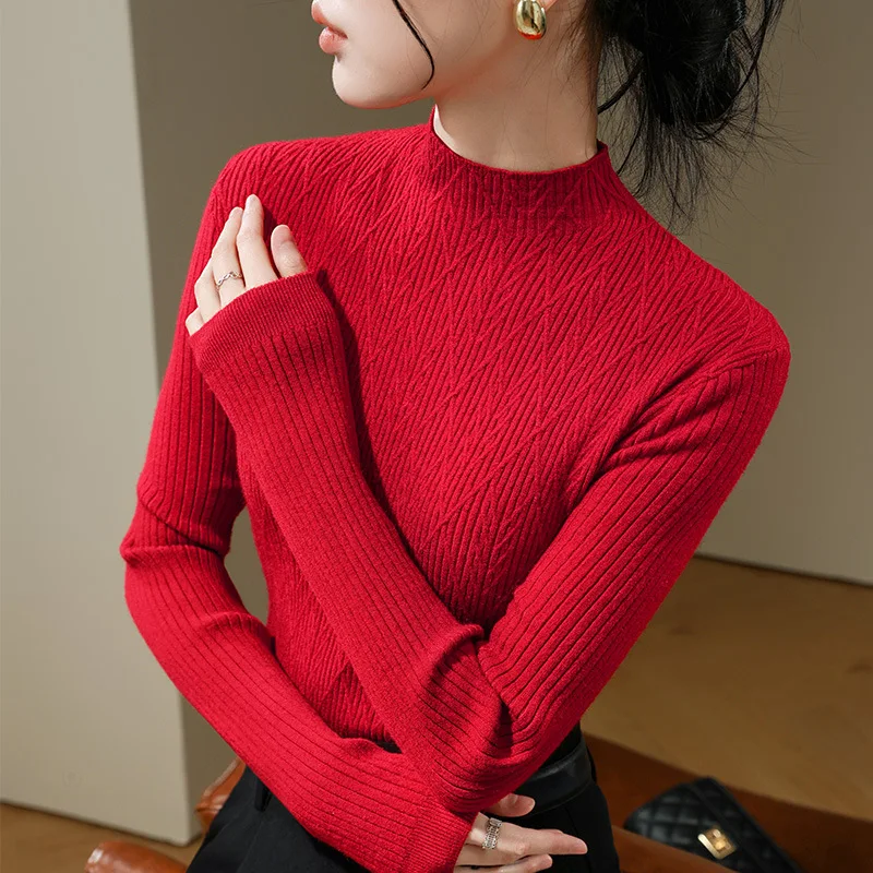 

Striped Knit Base Shirt Women2025New women's elegant half-high collar pullover sweater, warm inner layer top