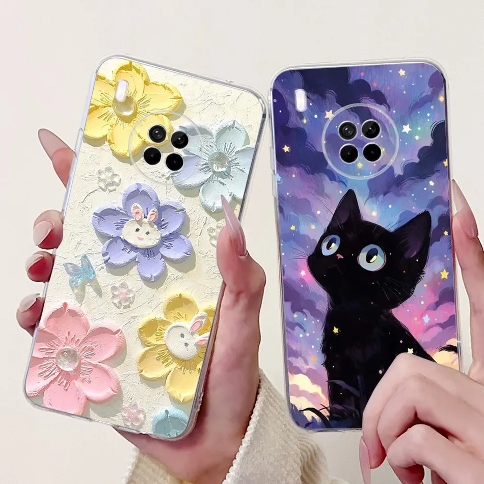 For Huawei Y9a Phone Case Nova Y9a FRL-L22 FRL-L23 Elegant Floral Cat Painted Soft Silicone Transparent TPU Cases