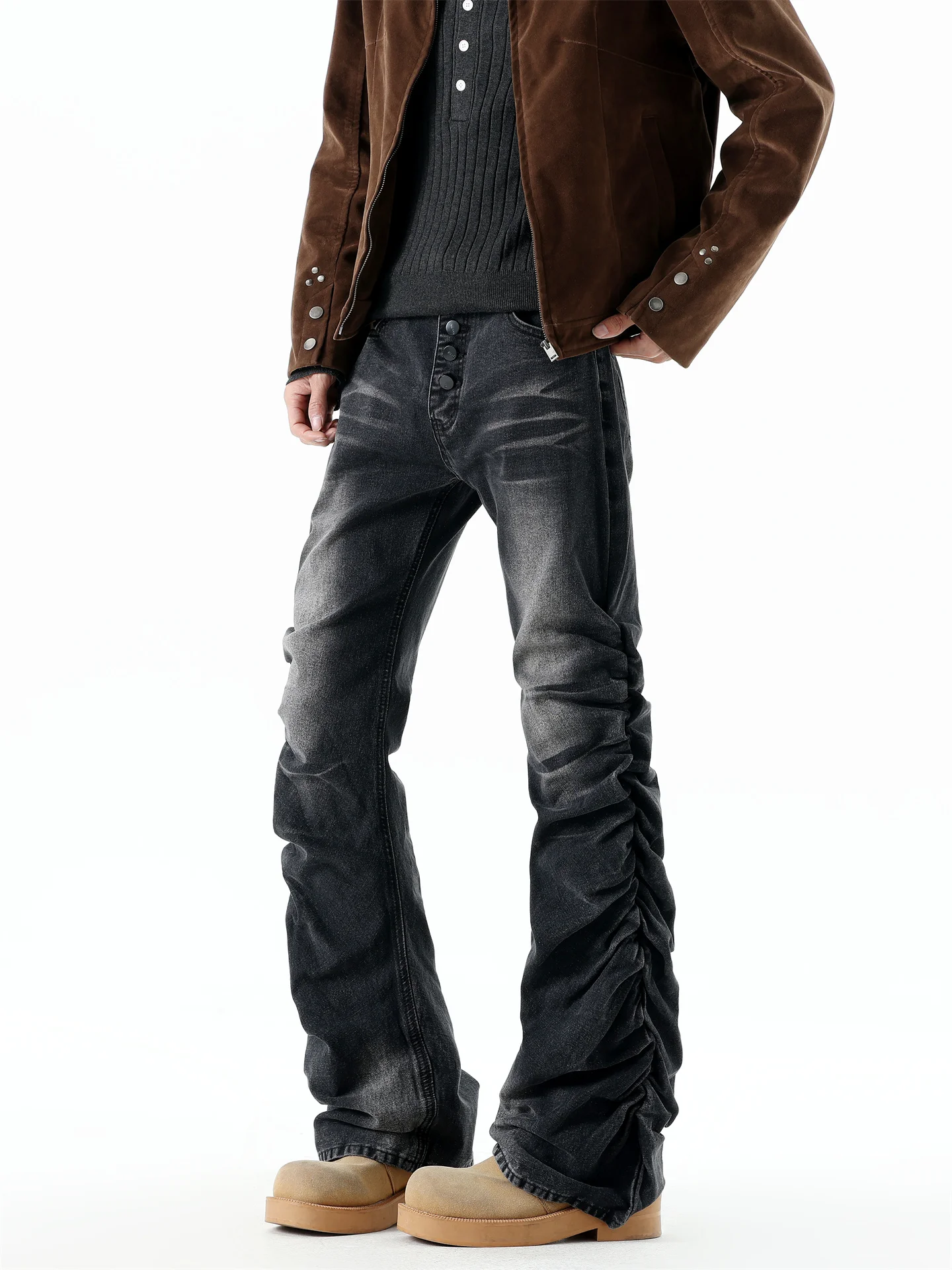 

American Vintage Washed 3D Jeans Men's Trendy Brand Buttoned Pleated Handsome Straight Leg Micro Flared Pants