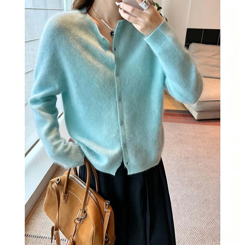 Women Fleece Wool Cashmere Sweater Cardigan Autumn Winter Round Neck Seamless Single Breasted Soft Knitwear - view 4