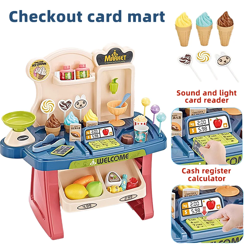 لعبة عربة التسوق في السوبر ماركت للأطفال مع عربة ومجموعة طعام 40 قطعة مجموعة لعب الحلوى المحاكاة هدية للفتيات والأولاد