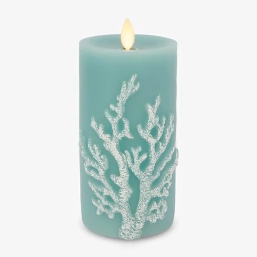 

Embossed Coral Flameless LED Candle Moving Flame Pillar, Unscented Real Wa with Recessed Edge- Soft Teal