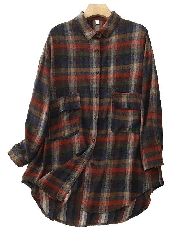 Faionable Plaid Lungo Sve irt Cappotto casual da pendolare allentato da donna Bottoni di media lunghezza con copertura Top in fibra di carbone di bambù