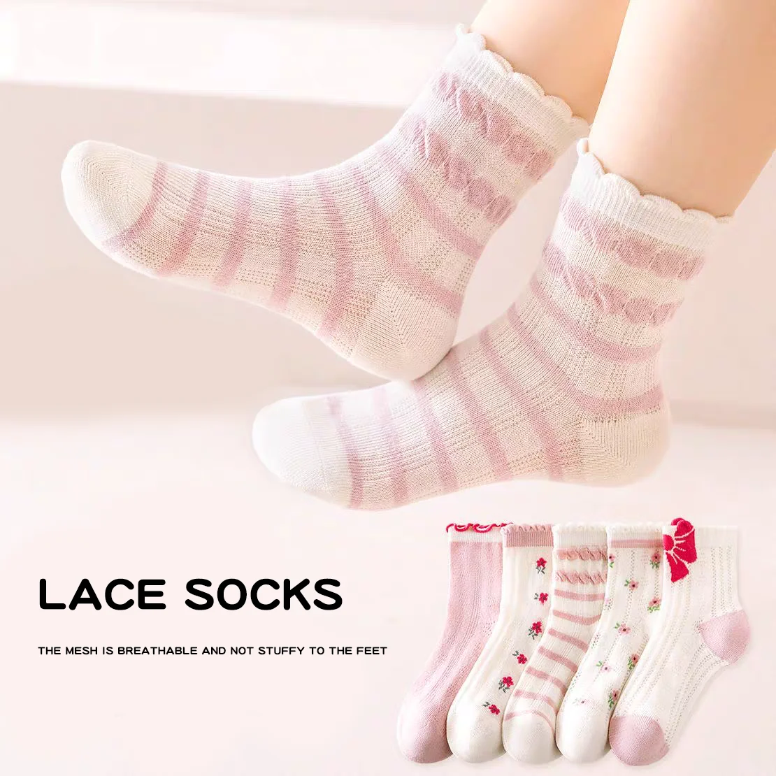 5/10 Pairs Kids Girls Flowers Mesh Socks Korean Style Breathable High Resilience Soft Cute Trendy Ankle For Children Girls Socks