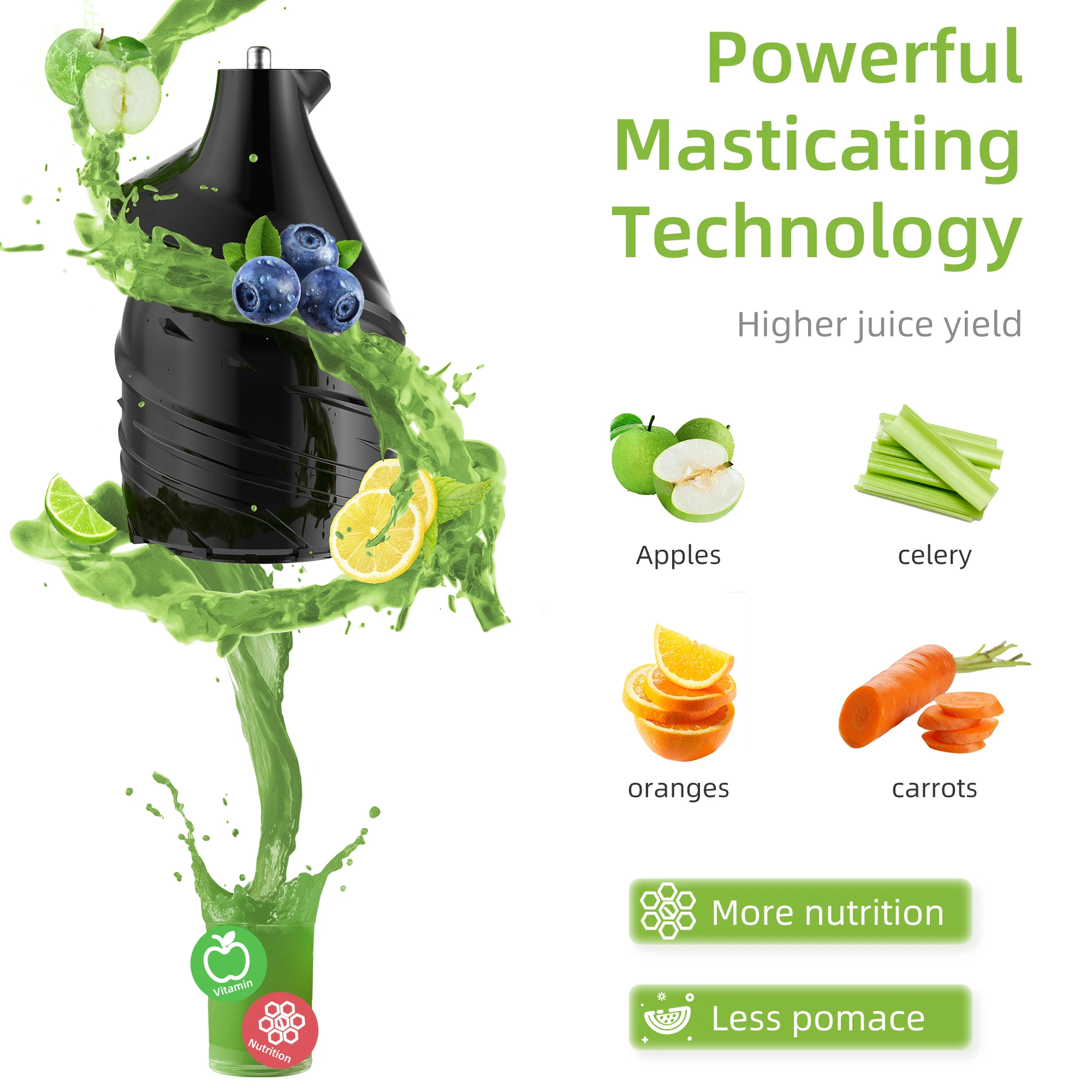 Cold Press Juicer with 75mm Feed Chute, 200W 40-65RPM Powerful Motor Slow Masticating Juice Extractor Fits Whole Fruits