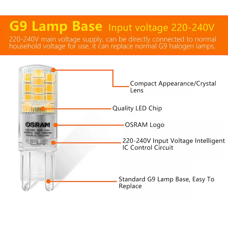 OSRAM LED PIN 30 G9 2.6W 3W 2700K Lampada bianca calda trasparente 300 °   Luce 220V LED Illuminazione originale per interni ed esterni