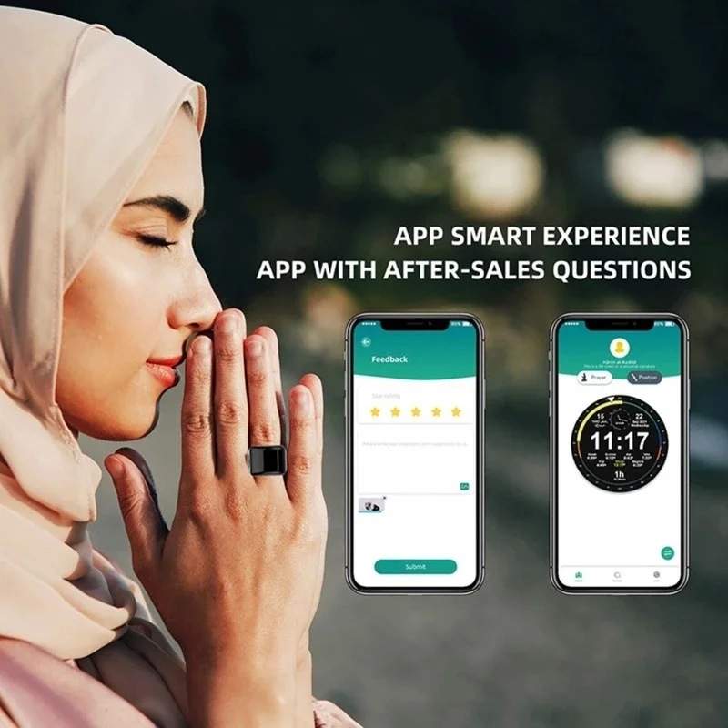 Qibla Ring Tasbih Counter Prayer Quran Speaker, Smart OLED Display ,5 Prayer Time Reminder,Multi-Language Islamic Muslim Ring