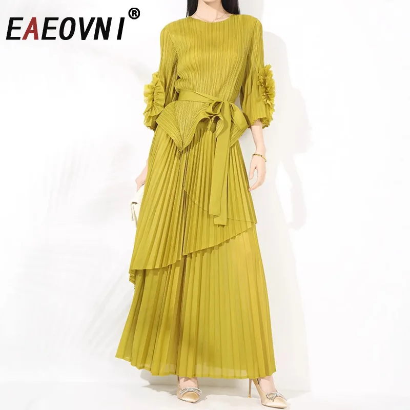

EAEOVNI Miyake Pleated Women Fashion Set Elegant 3D Floral Belt Blouse + Irregular Patchwork A Line Long Skirt 2025 New 1A668