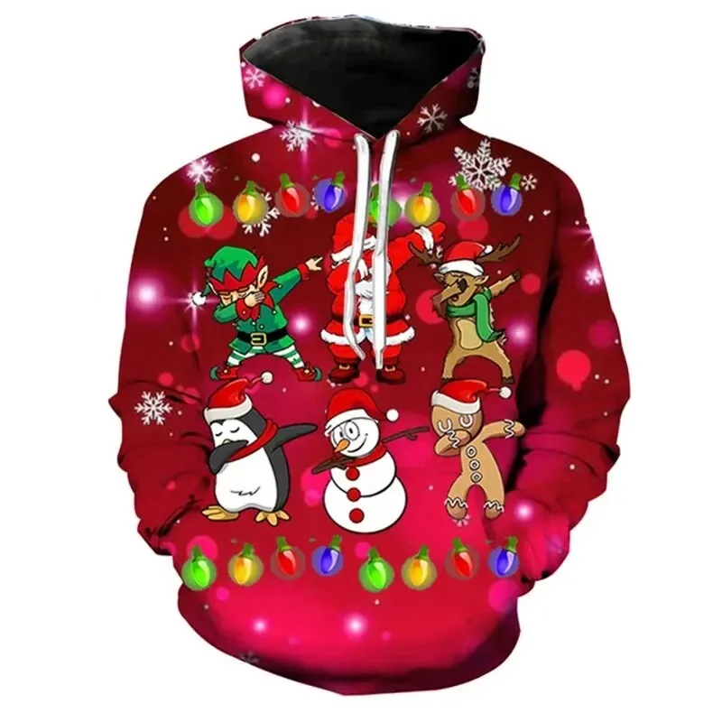 2025 Impresión 3D Feliz Navidad Nueva ropa deportiva Papá Noel Muñeco de nieve Impreso Fibra de poliéster Sudadera con capucha de manga larga