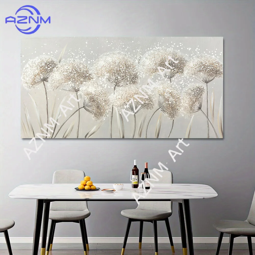 Pintura Moderna Abstracta de Flores de Diente de León en Acuarela - Borde Horizontal, Decoración con Pulverización de Tinta sin Marco, Adecuada para Dormitorio