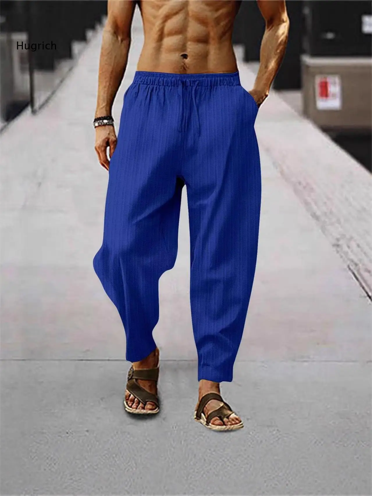 Mens Vacation Harem Style Pants Vertical Striped Print Elastic Drawstring Waist Loose Tapered Leg Design With Hand Side Pockets