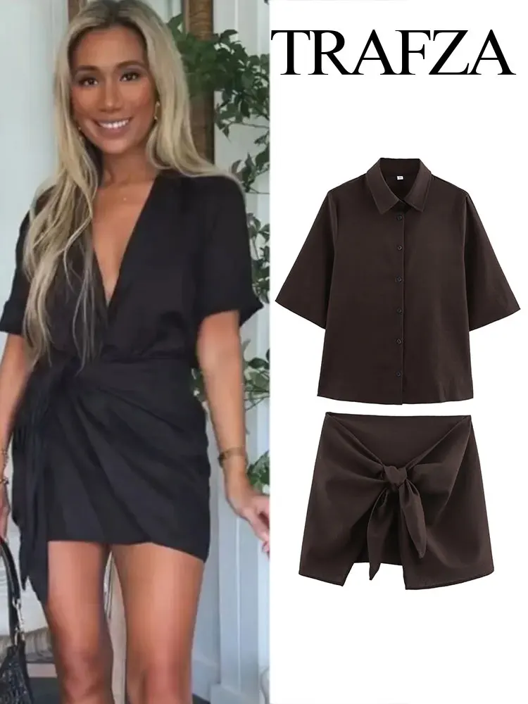 

TRAFZA Retro Brown Women's Knotted Mini Skirt 2-piece Set Lapel Single-breasted Short-sleeved Casual Shirt Women's Streetwear
