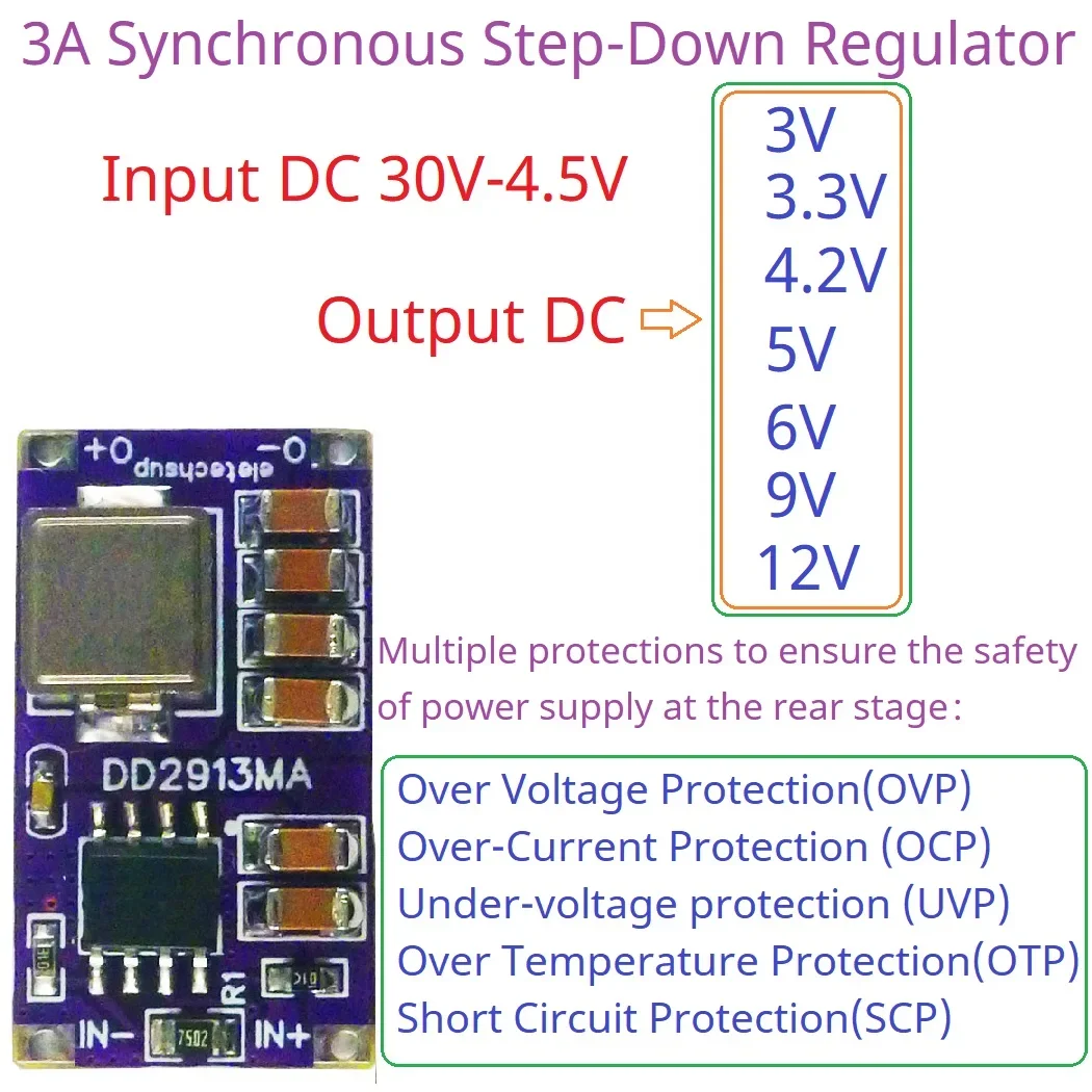 3A Synchronous Step-Down Regulator OVP OCP OTP SCP DC-DC Buck Converter 4.5V-30V to 3V 3.3V 4.2V 5V 6V 7.5V 9V 12V