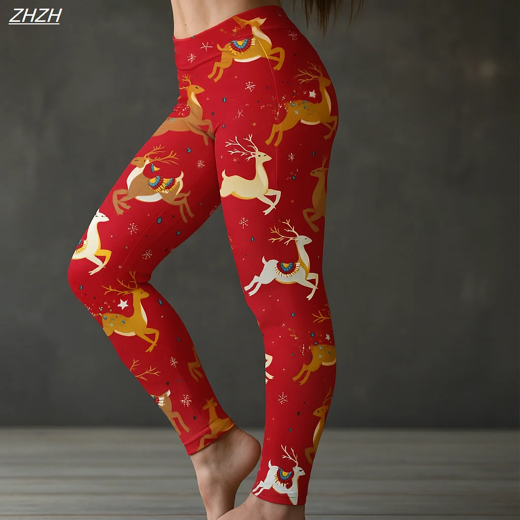 2025年ファッション レディース レギンス 快適なレギンス バケーション ヴィンテージ風 ユーエルグリークリスマス柄 クリスマスプリント フリース素材 保温性