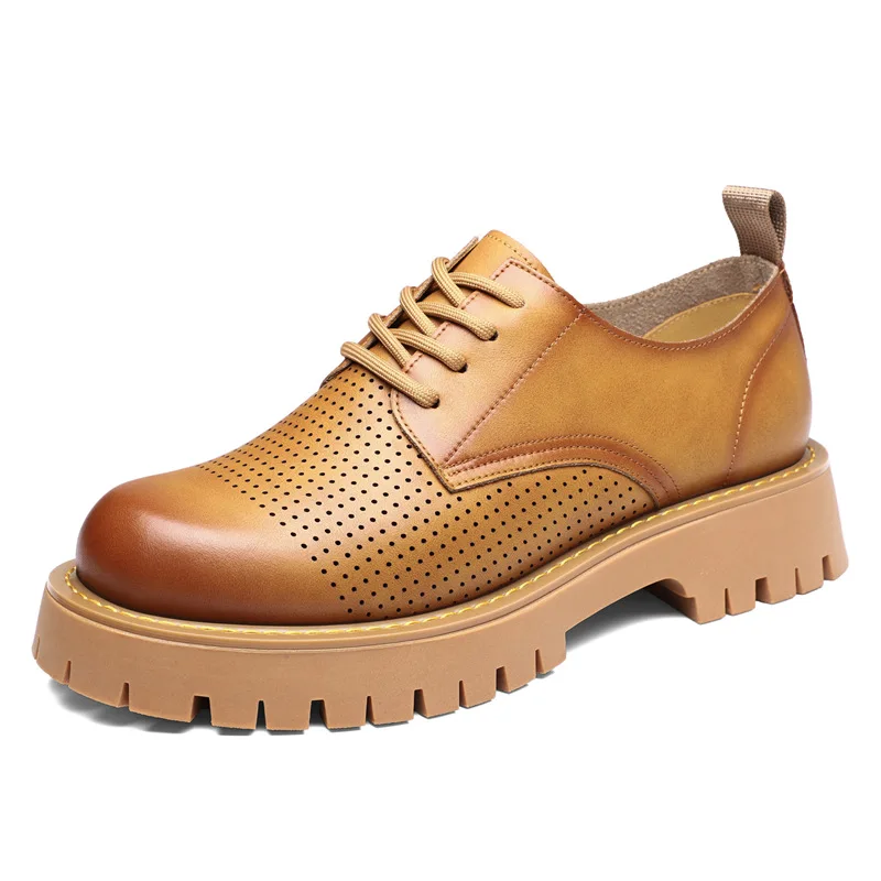 

Men's Brown Cow Leather Work Shoes Hollow Out Lace-Up Casual Business Oxford Shoes Male Summer Autumn Platform Shoes for Man