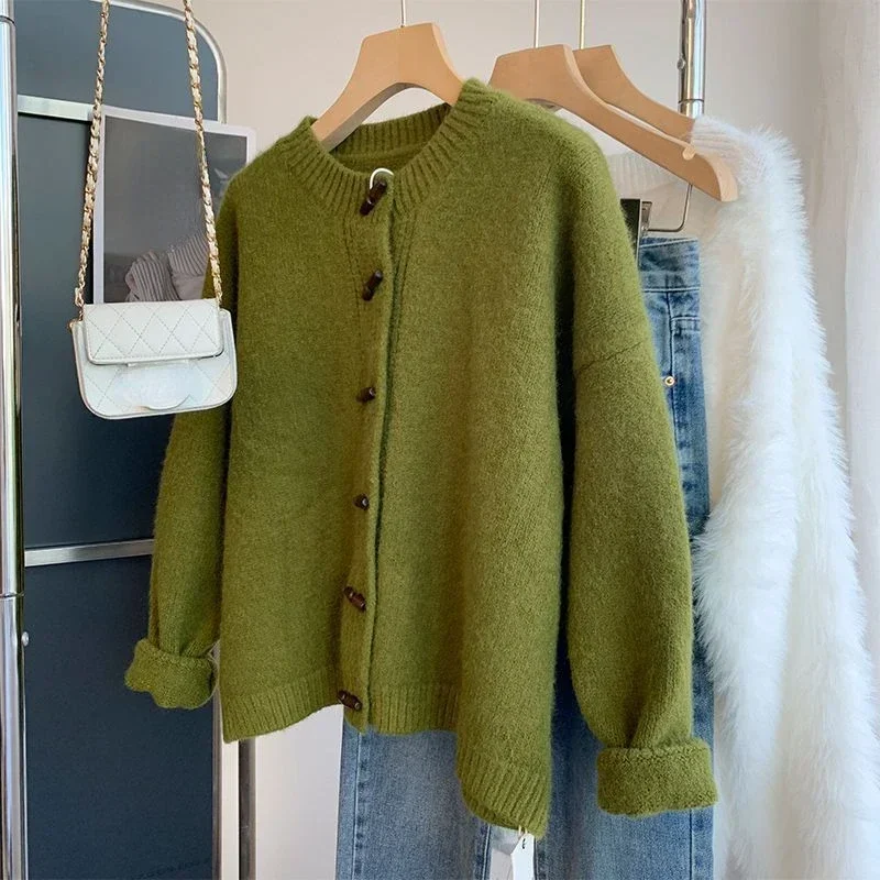 Green Cardigans Korean Fashion Thick Solid Warm Vintage Women Sweaters Autumn Winter Horn Button Knitwears Tops E3717