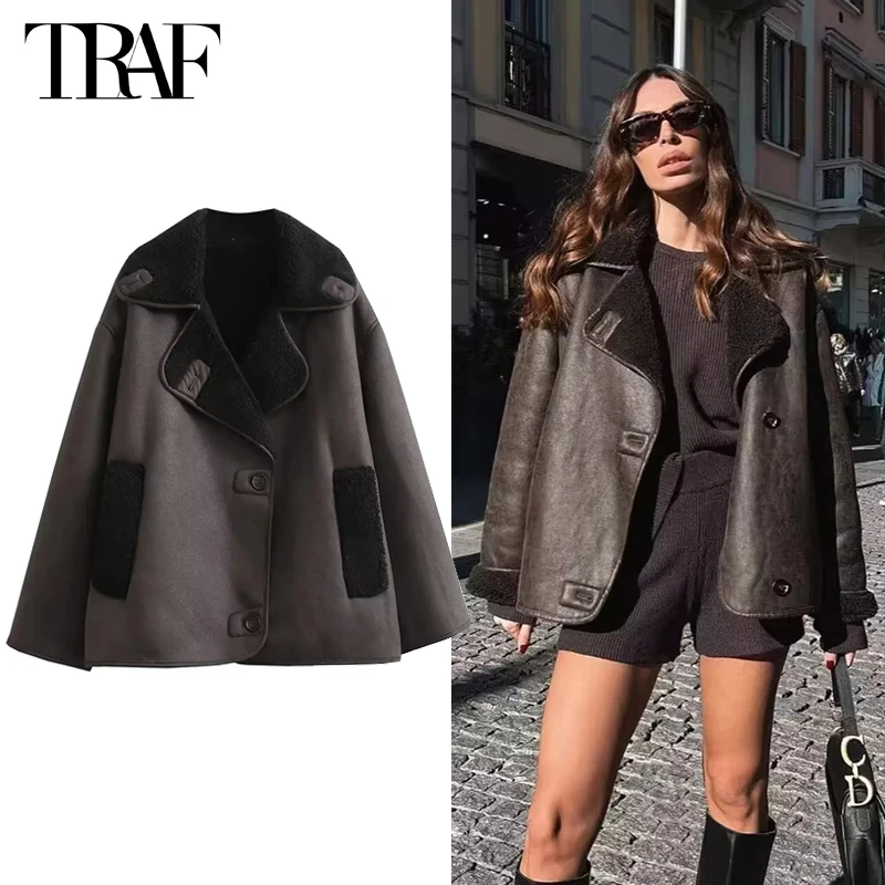 TRAF Thick Faux Leather Jackets for Women Autumn Winter Warm Jackets Woman 2024 Faux Wool Coats Long Sleeve Oversized Jacket