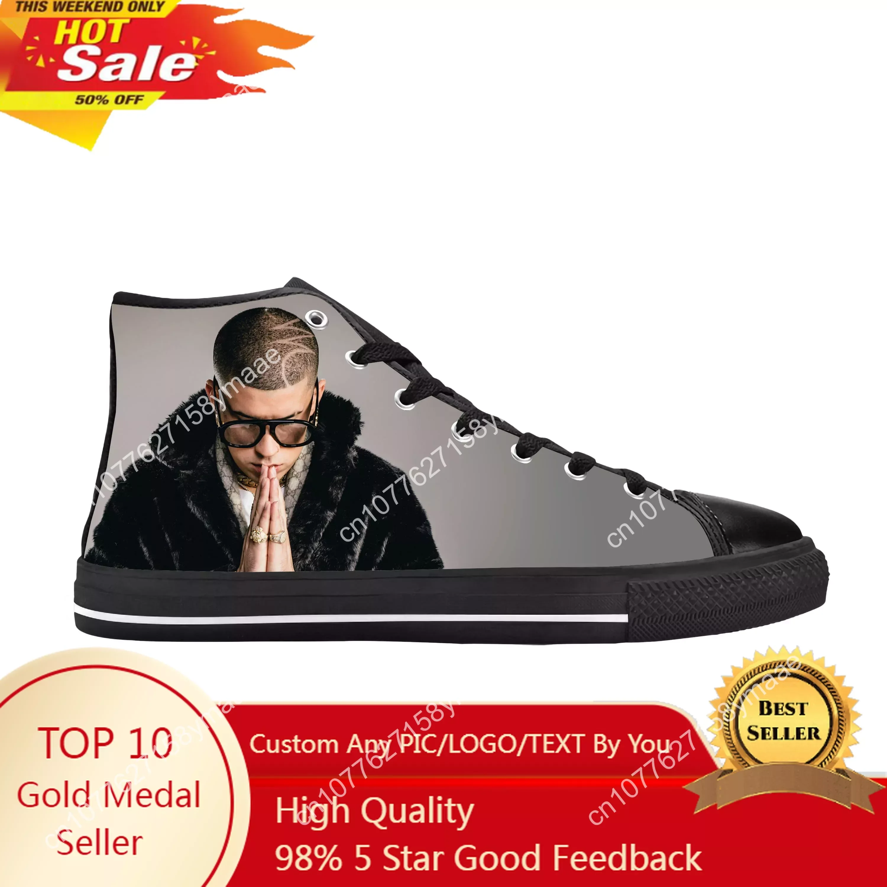 

Bad Bunny Hip Hop Singer Rap Rapper Music Fashion Casual Cloth Shoes High Top Comfortable Breathable 3D Print Men Women Sneakers