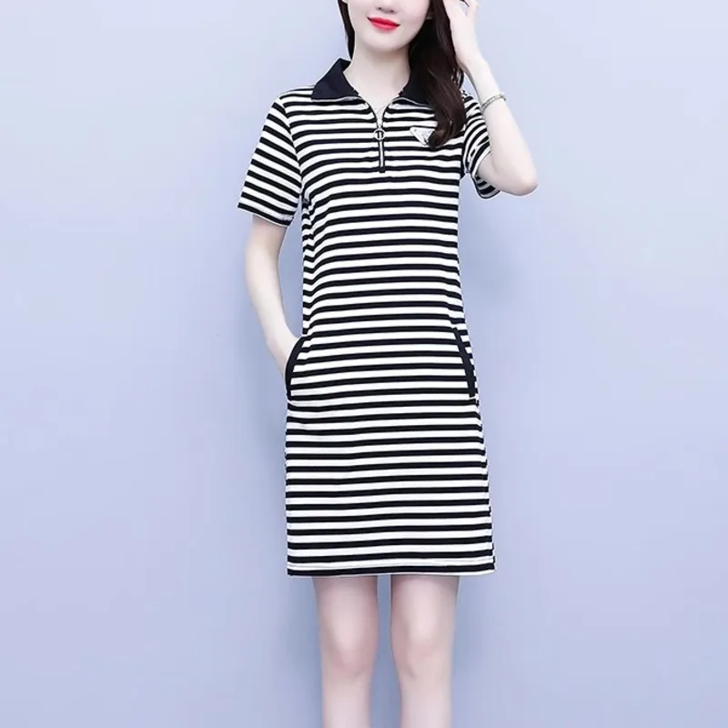 #7946 Black Striepd Short T Shirt Dress Women Turn-down Collar Zipper Polo Shirt Dress Femme Short Sleeve Slim Office Mini Dress