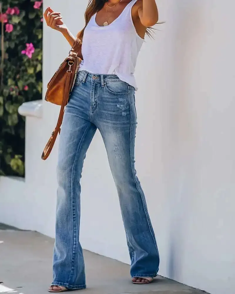 Full Length Pants High Waist Denim Flare Pants Women Jeans Vintage Loose Fit Casual Basics Solid Wash Pockets Zipper Fly