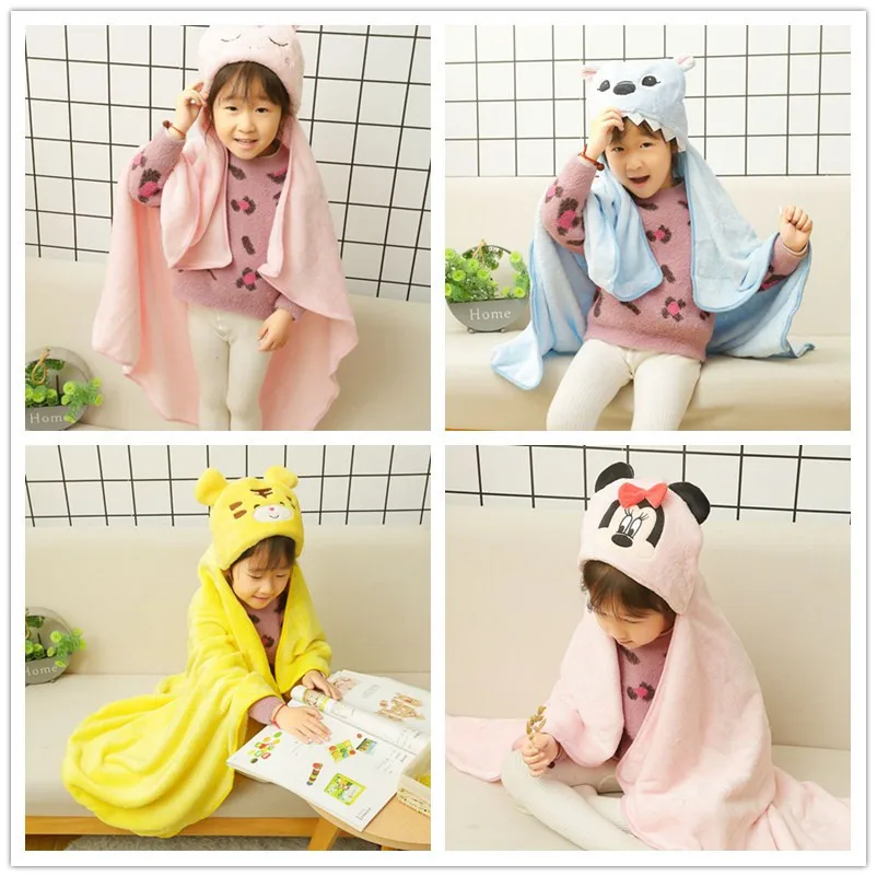 New Soft and Comfortable Children's Cape Bath Towel Cartoon Unicorn Tiger Flannel Hooded Shawl Blanket 80x100CM