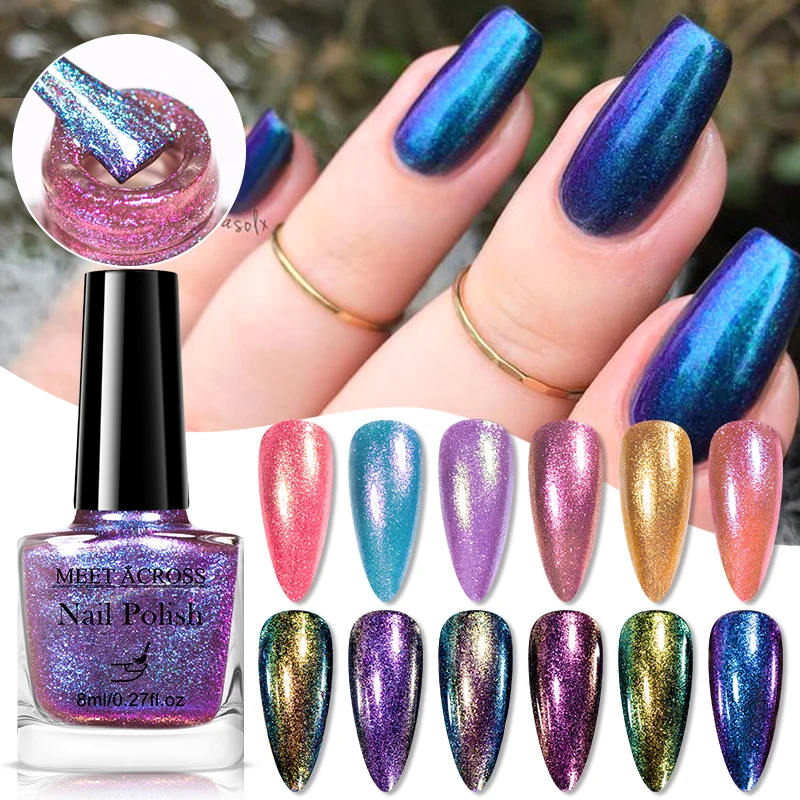 MEET ACROSS 8ml Glass Bottle Aurora Chameleon Nail Polish Gorgeous Colors Effect Chrome Varnish Nail Art DIY Polish No Need Lamp