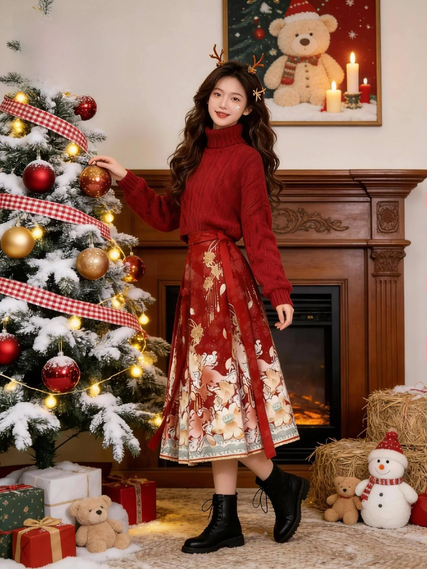 

Chinese New Year Red High Collar Sweater Skirt Set Women's Winter Fashion Two Piece Set New Style Mid-Length Floral Print
