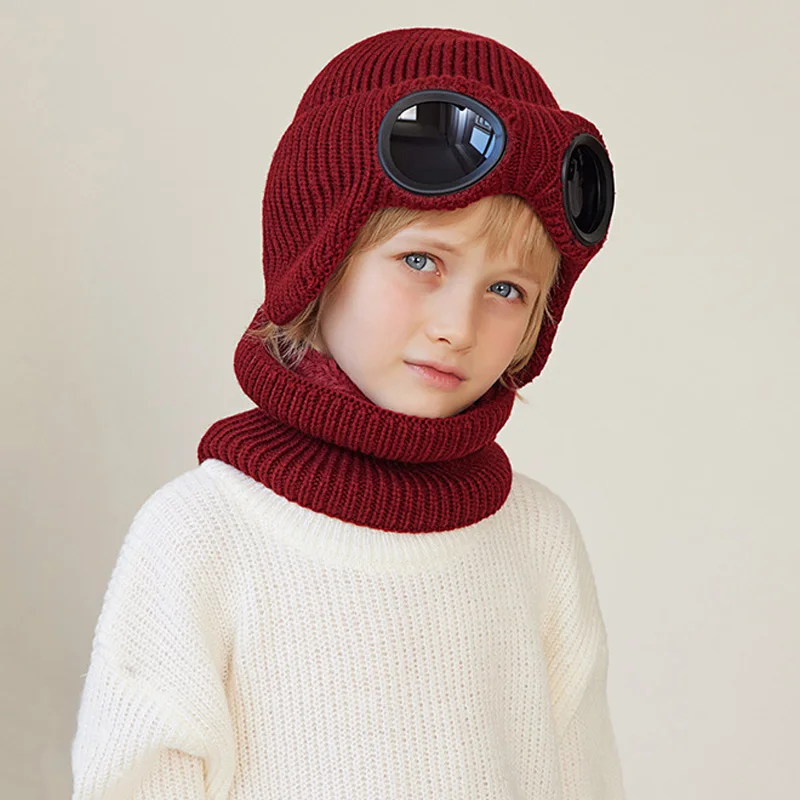 Conjunto de gorro y bufanda para niños, gorro de punto de felpa con gafas de sol, protección auditiva infantil, gorro cálido para niños de 4 a 10 años, 2 piezas