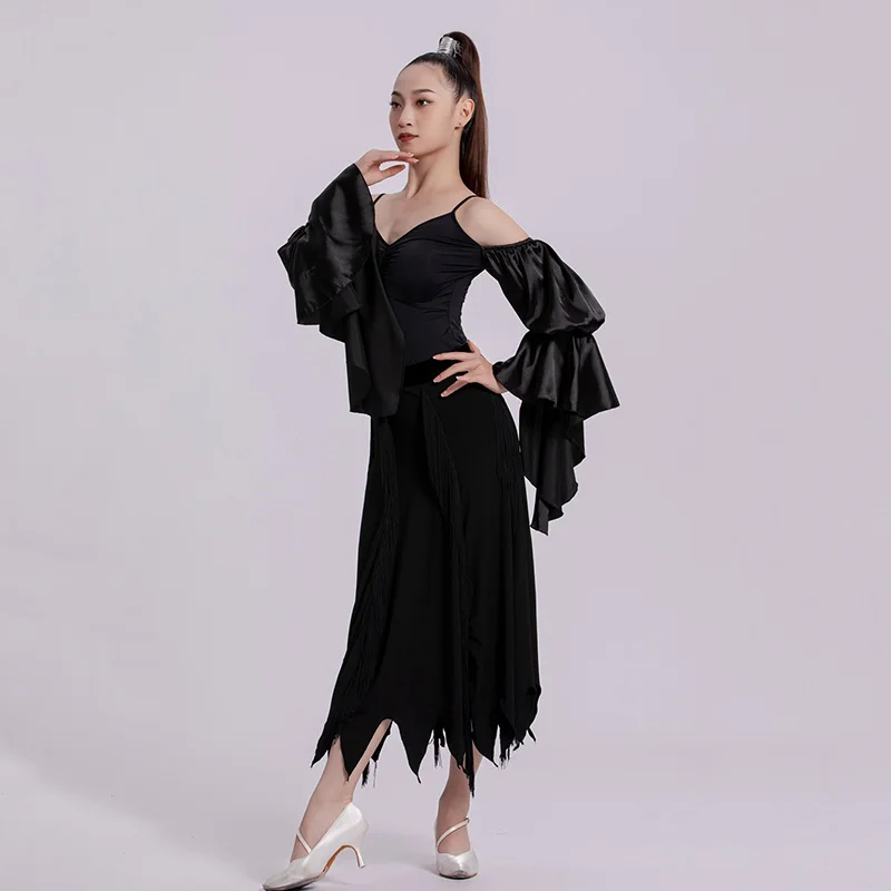 فستان رقص أسود قياسي قاعة الرقص الحديث أداء الملابس قبالة الكتف قاعة الرقص زي ارتداءها تنورة 2585