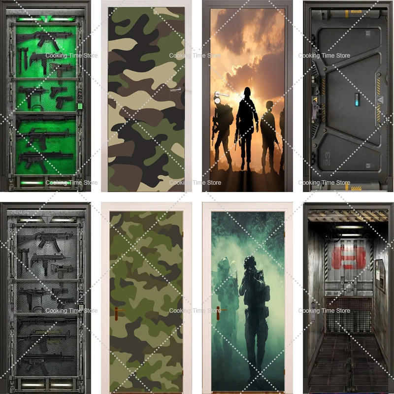 Modern Technology 3D Door Stickers Vinyl Self-adhesive Camouflage Door Wallpaper for Living Room Home Decoration Mural Sticker