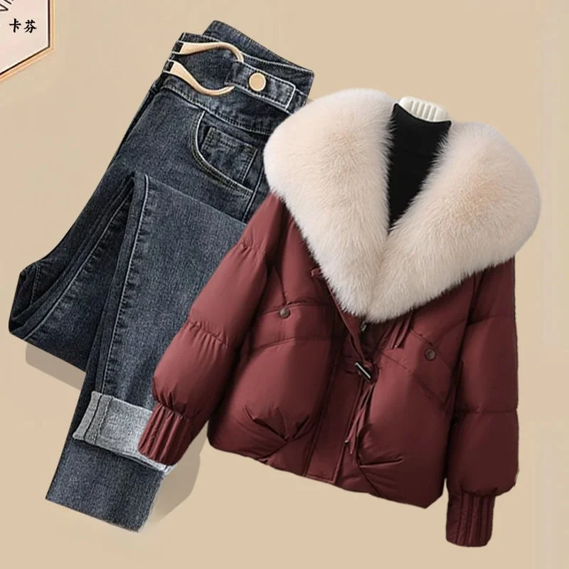 Herbst Winter Baumwolle Jaet Und Jeans Zweiteiliges Set für Frauen Casual Abnehmen Sle Pendeln Freundliche Bequeme Lose Fit