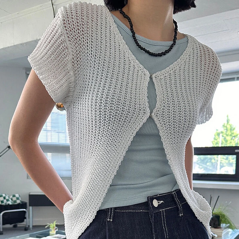 Women's Summer Slim Fit ort Sve V-Ne Open Cardigan Knitted Hollow out Design Faionable Korean Sle Outerwear Top