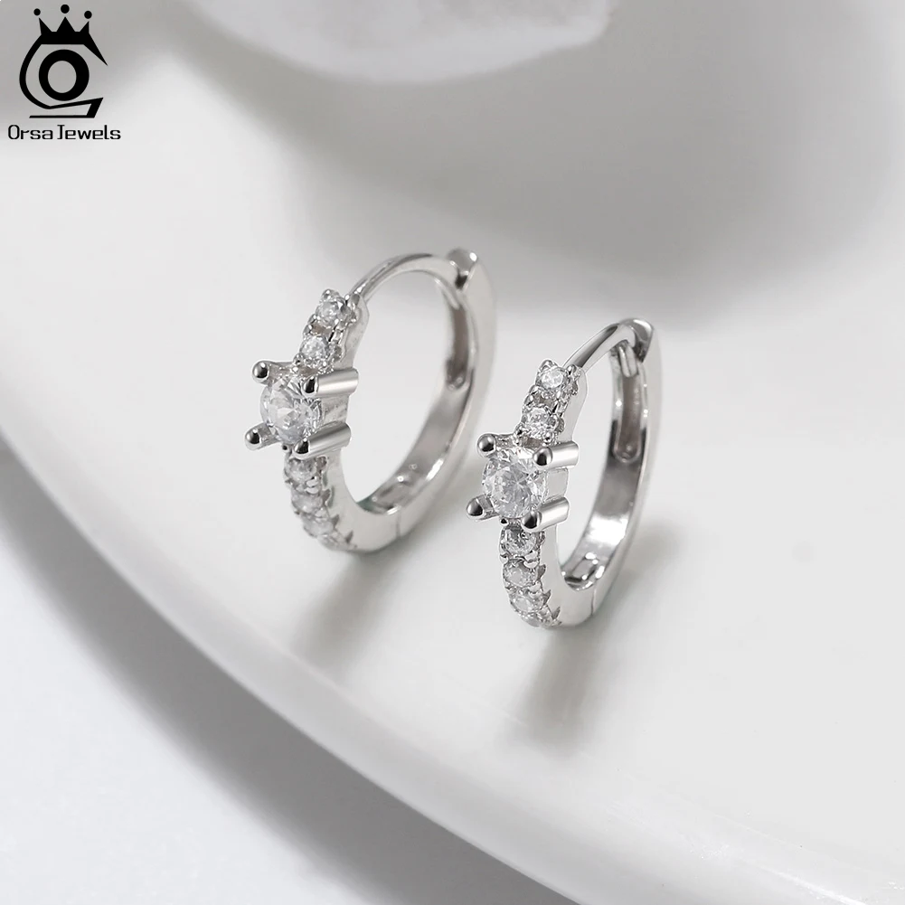 

ORSA JEWELS 925 Sterling Silver Vintage CZ Hoop Earrings Zirconia Charm Hoop Earring Prevent Allergy Party Accessories APE95