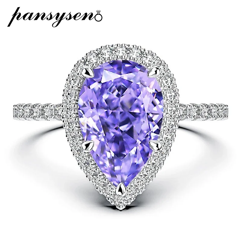 

Luxury 100% 925 Sterling Silver 3CT Pear Cut Amethyst High Carbon Diamond Rings for Women Cocktail Party Fine Jewelry Wholesale