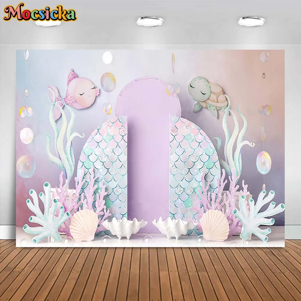 Mocsicka Mermaid Backdrop for Photography Under The Sea Shell Girl Princess 1st Birthday Photo Background Newborn Photocall Prop