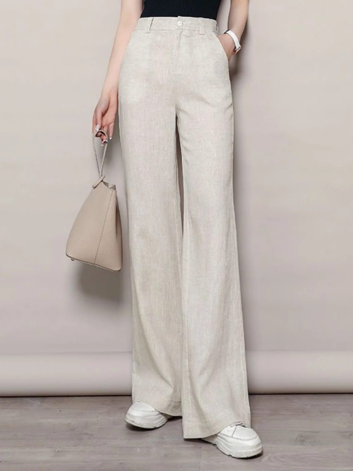 ハイウエストリネンワイドレッグパンツドレープロングフロア丈夏用薄手ストレートカットルーズネクタイ韓国風ピュアカラー