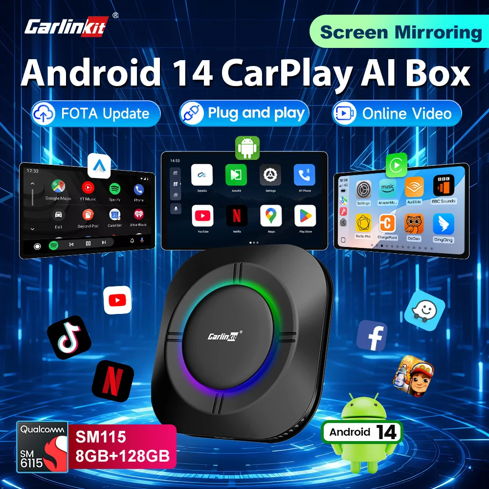 CarlinKit 4-In-1 Android 14 CarPlay Ai Box Screen Mirroring Wireless Android Auto Adapter For Netflix IPTV GPS 4GLTE FOTA Update