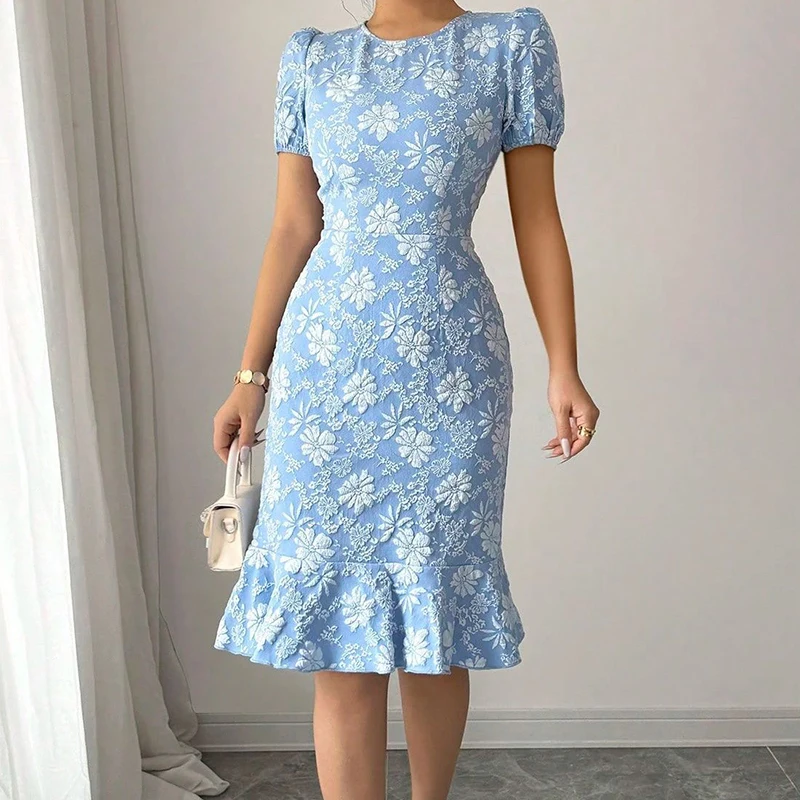 Vestido elegante de manga corta con dobladillo con volantes para mujer, nuevo Vestido ajustado hasta la rodilla que cubre la cadera, Vestido informal liso que combina con todo con cuello redondo