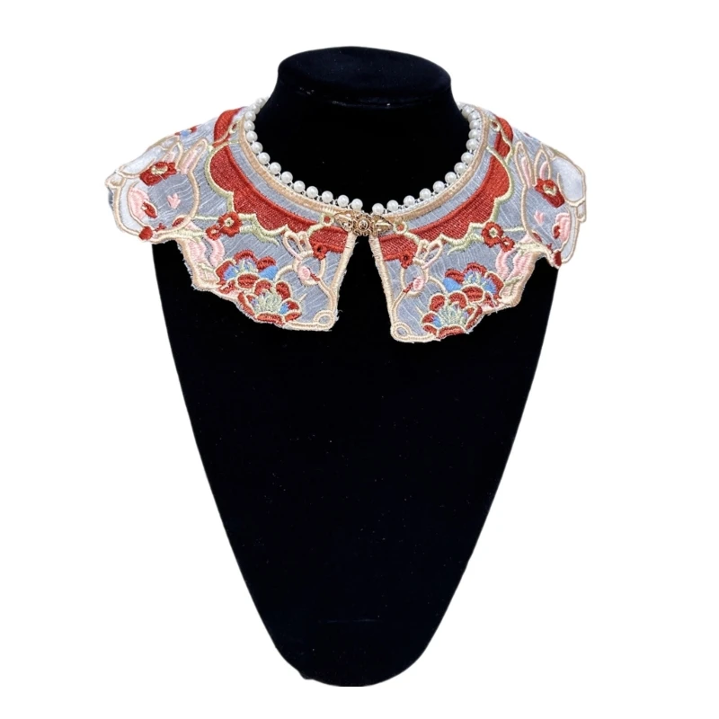 Kids Girls Detachable False Collar Pearl Beaded Shawl Scarf Chinese Embroidery Flower Necklace Capelet Cloud Drop Shipping