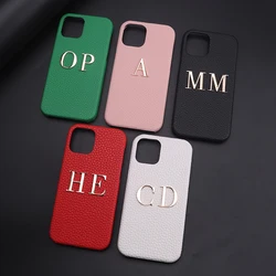 Leather Phone Case with Customized Name Big Gold Metal Letter Personalized Cover for iPhone15 14 13 12 11ProMax 16 15Plus