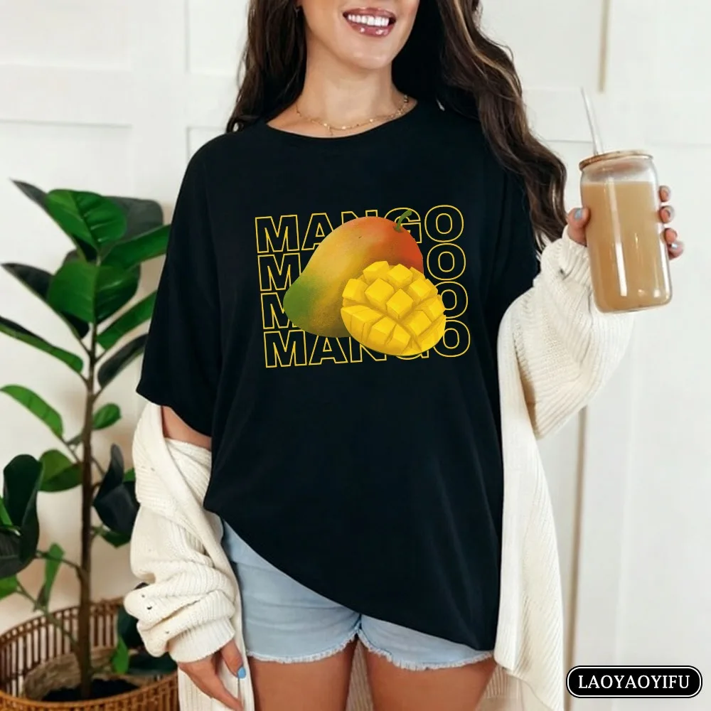 Stacked Mango Text Cubed Fruit Graphic T Shirt Women Bold Line Tropical Print Tee Minimal Trendy Tops Cotton Short Sleeve Tees