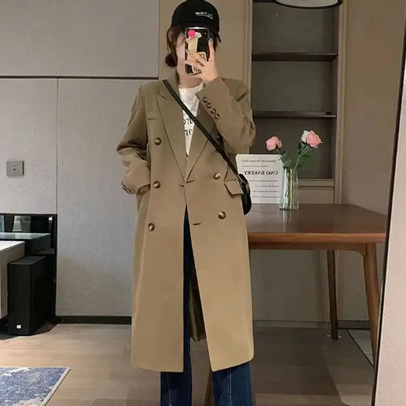 Midi Blazers Coats Women Solid Double Breasted Loose Autumn Winter Elegant All-match Female Gentle Coldproof Leisure Daily Chic