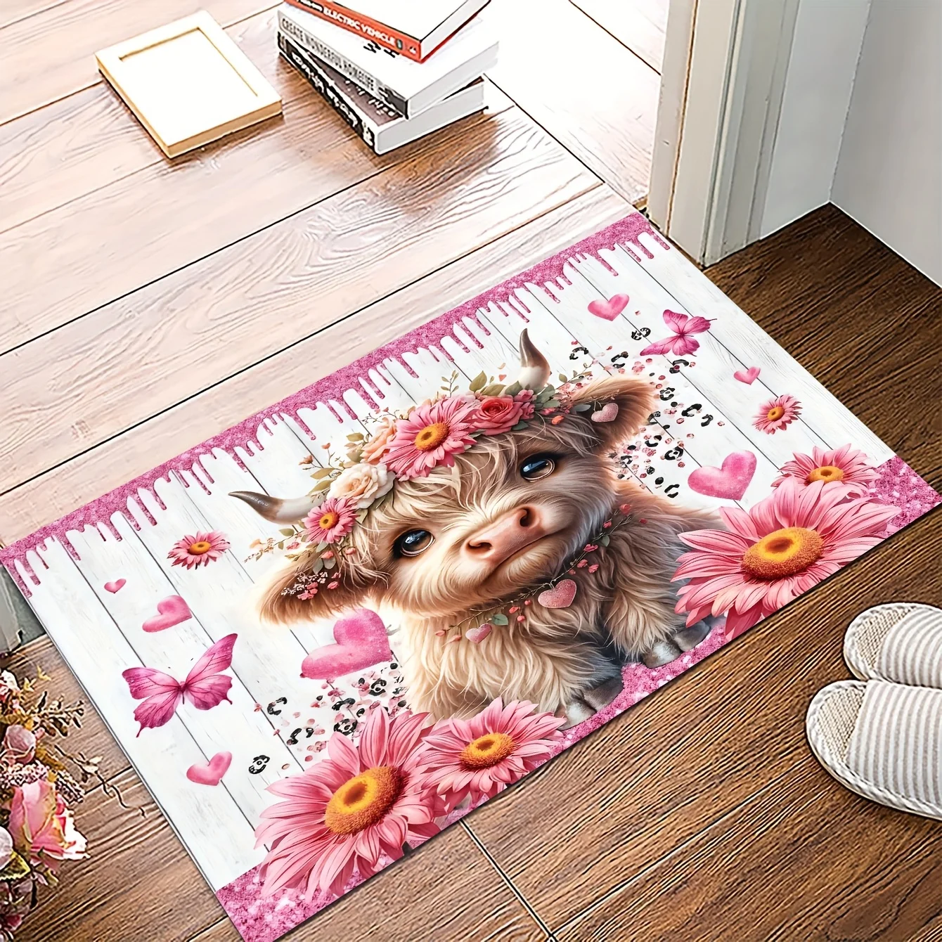 A Highland Cow And Wood Grain Patterned Entrance Mat Made of Polyester Material, Featuring a Non-Slip Backing, Suitable for Ki