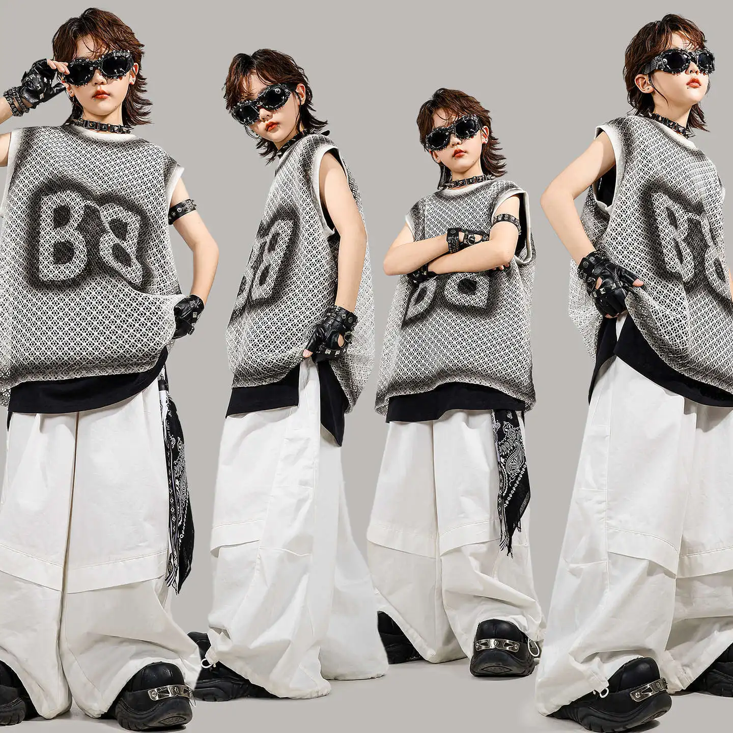 

Kid Kpop Hip Hop Clothing White Knitted Net Tank Top Casual Wide Parachute Pants for Girl Boy Jazz Dance Wear Costumes Clothes