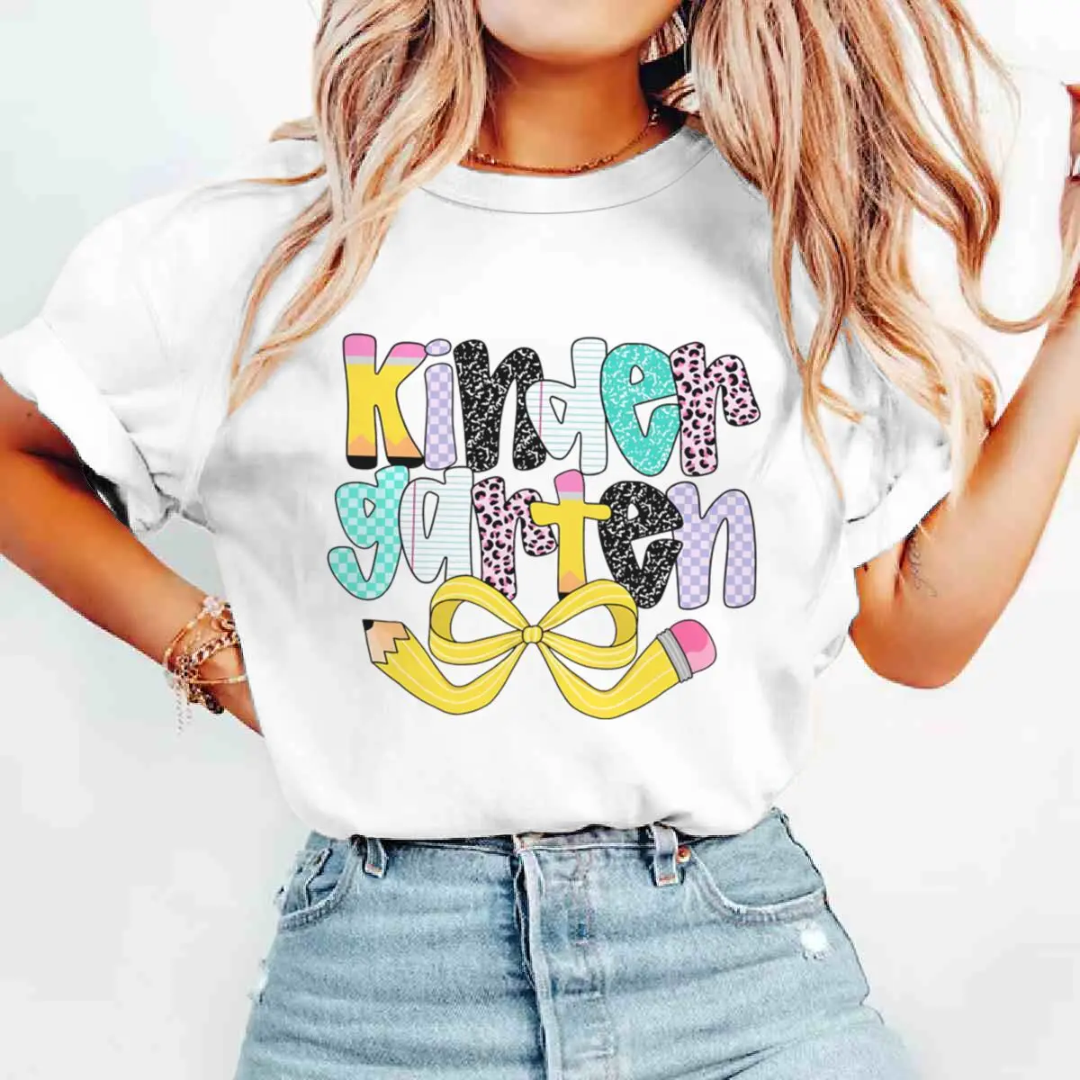 Women's T-Shirt Cute Kindergarten Teacher Pencil Bow Leopard Print T-shirt Teacher Back To School Casual Top Teacher Clothing