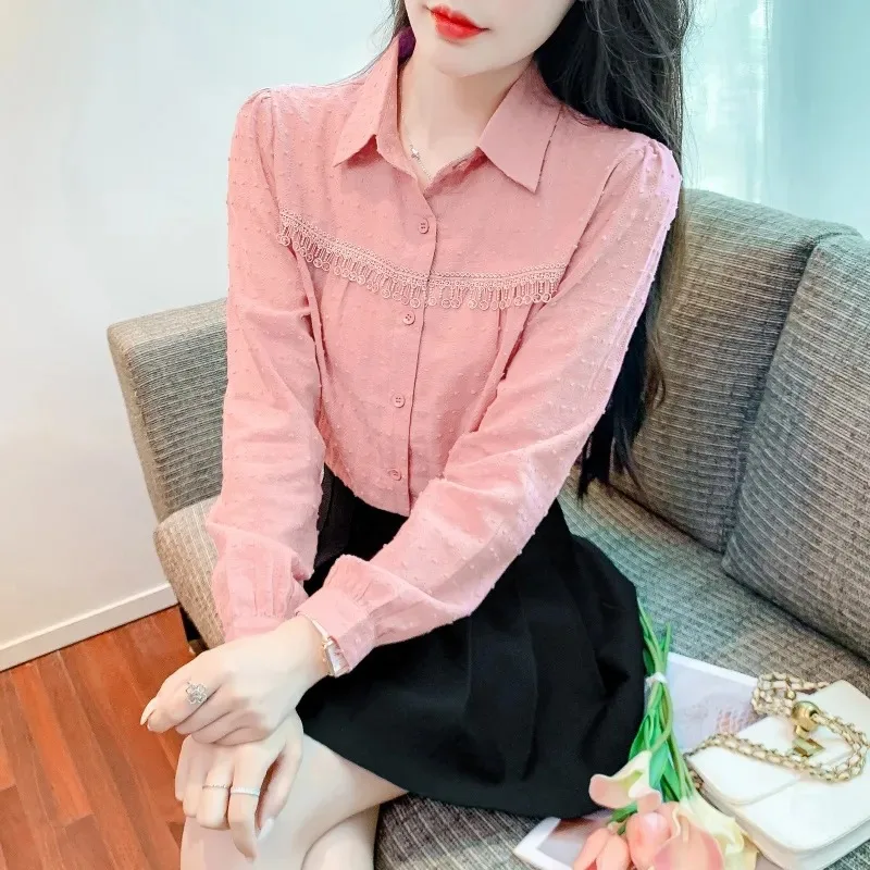 

Women's Lace Trim Blouse Textured Long-Sleeve Button Down Office Top