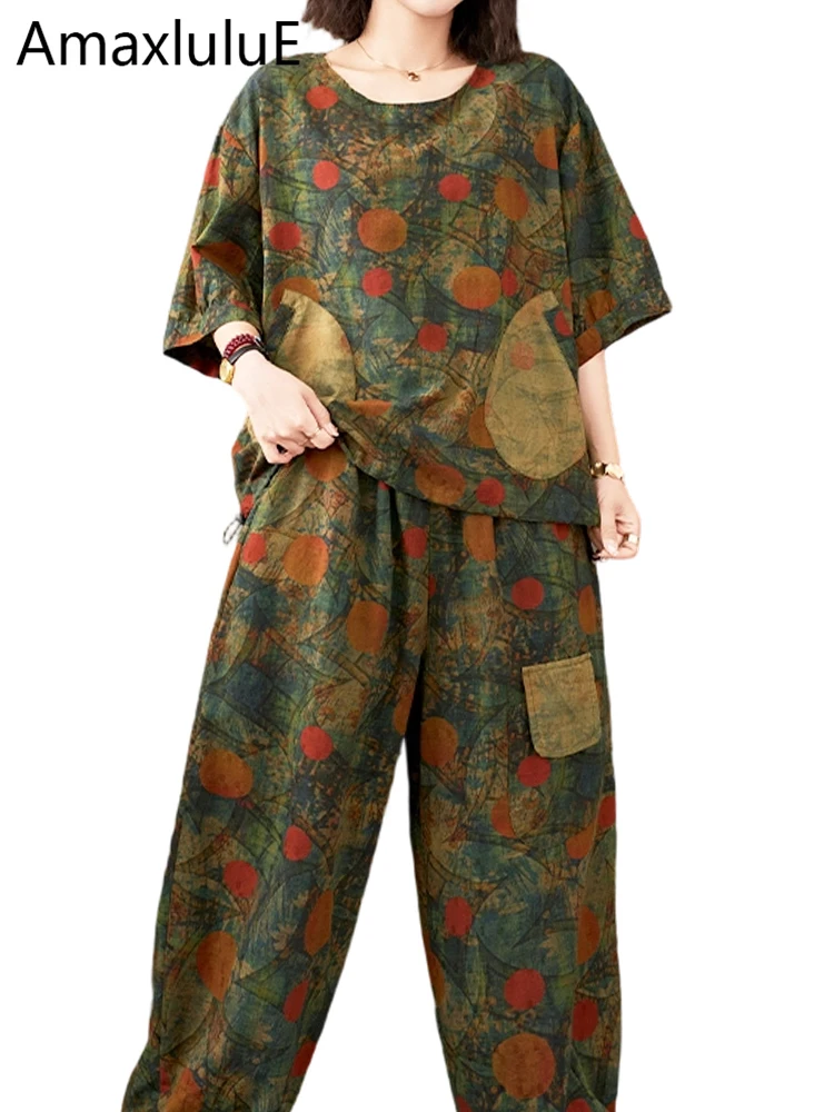 

Amax LuluE Summer British Outfit Women 2026 Loose Printed 2 Pieces Sets Vintage Top O Neck Tshirts Casual Trousers Classic Pants