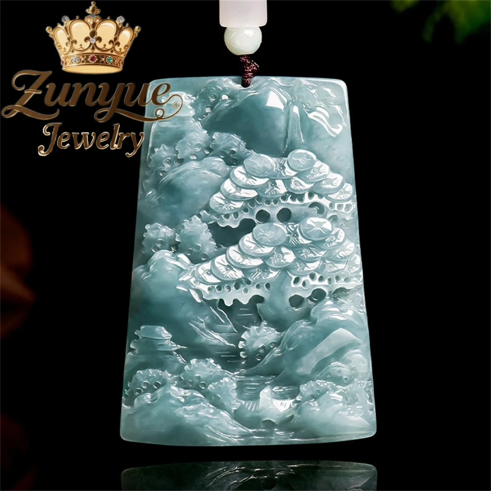 

High-End Natural A-Grade Jadeite Blue Water Landscape Brand Hand-Carved Pendant Ice Jelly Type Jade Pendant For Men And Women