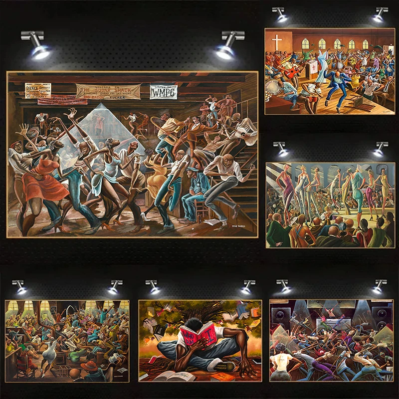 Ernie Barnes Classic Artwork Painting, The Sugar Shack, Black Jazz African Musicians, Canvas Poster, Wall Art, Manage Home Decor