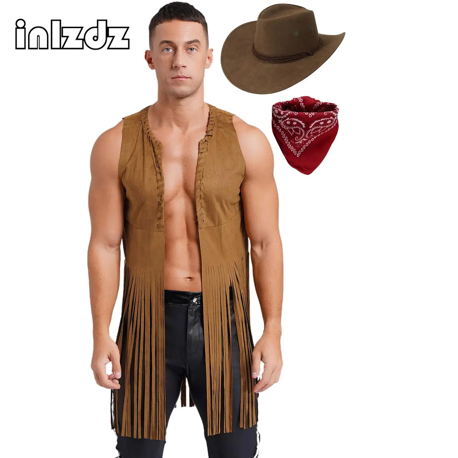 

Mens Wild West Cosplay Cowboy Costume Halloween Cardigan Hippie Dress Up Waistcoat Fringe Sleeveless Vest+Bandanna Hat Set